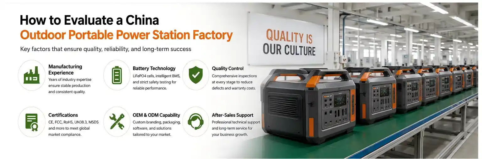 China outdoor portable power station factory with OEM manufacturing, LiFePO4 battery production, and strict quality control
