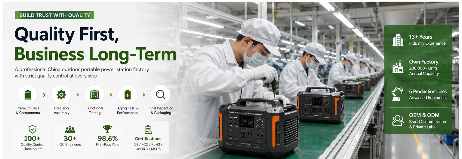 China outdoor portable power station manufacturer with automated production lines, LiFePO4 battery assembly, OEM manufacturing, and strict quality control