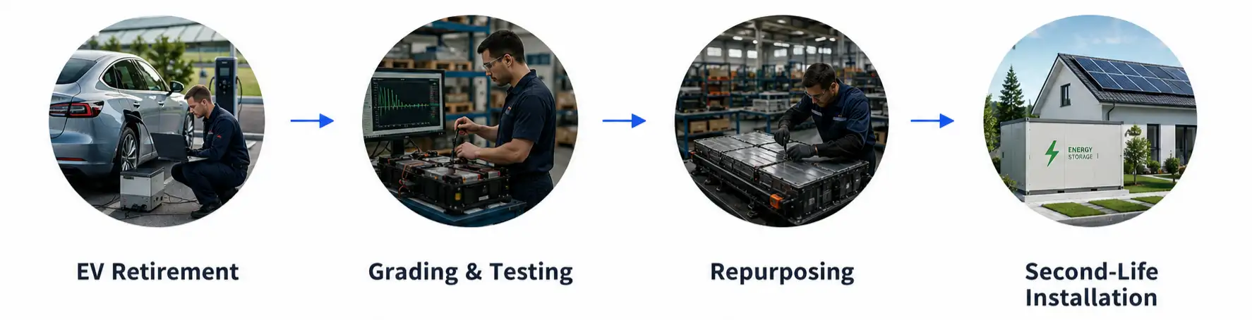 Giving Batteries a Second Purpose — EV Retirement → Grading & Testing → Repurposing → Second-Life Installation