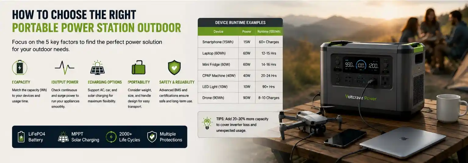 Portable power station outdoor buying guide infographic comparing battery capacity, output power, LiFePO4 battery, solar charging and safety features from Voltcrave Power