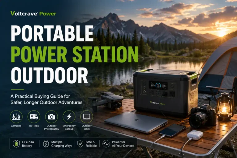 Portable power station outdoor by Voltcrave Power at a lakeside campsite powering a laptop, camera and mobile devices for camping, RV travel and outdoor adventures