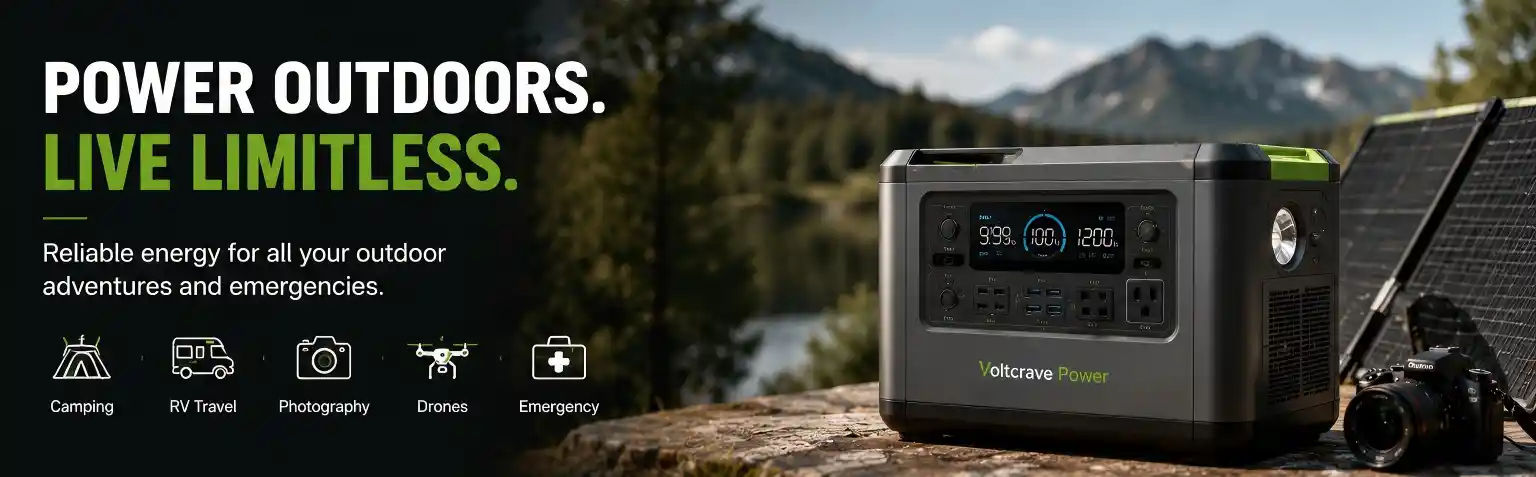Voltcrave Power portable power station outdoor providing clean and reliable power for camping, RV travel, drone photography and emergency backup during outdoor adventures