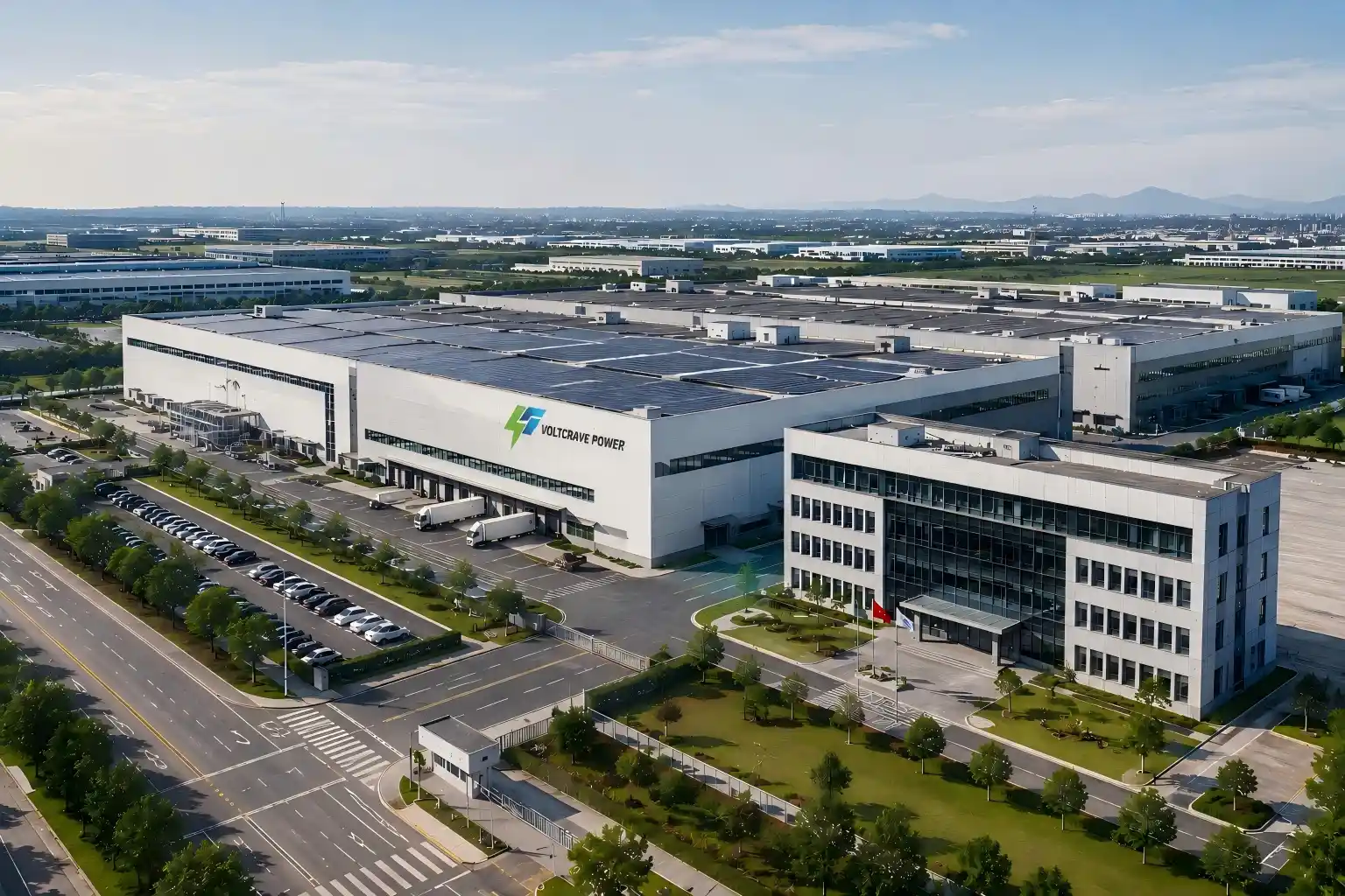Aerial view of VoltCrave Power lithium battery manufacturing facility