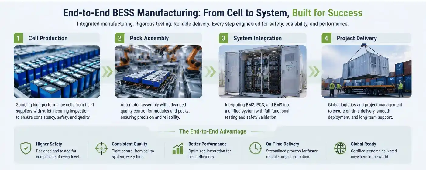 BESS manufacturing process infographic showing cell production, assembly, system integration, and delivery workflow