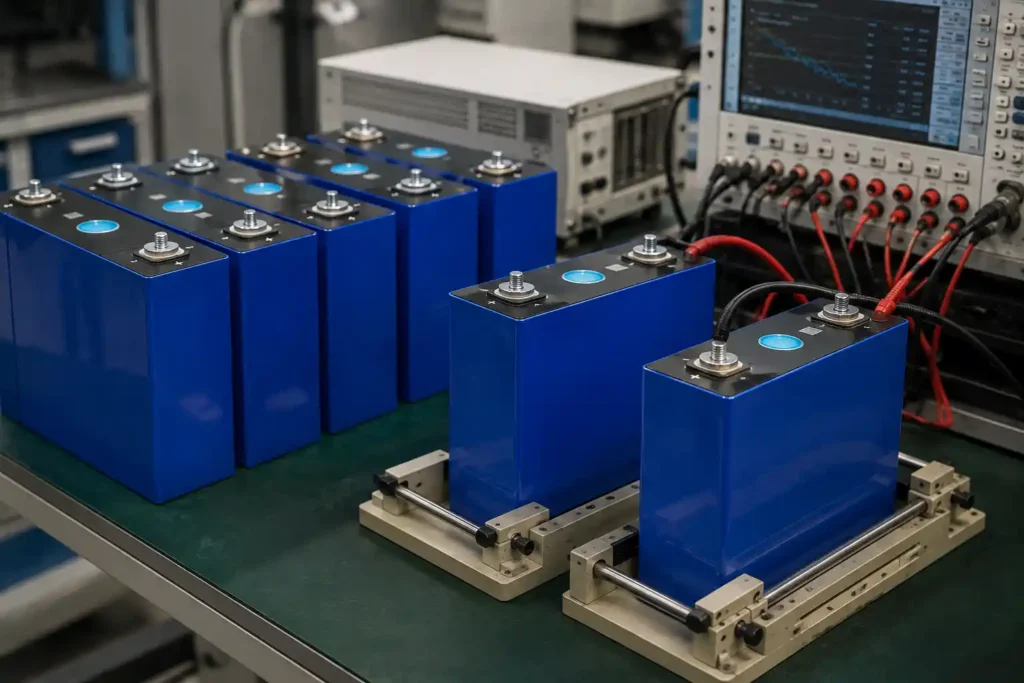 LiFePO4 battery cells in a professional testing environment for understanding Ah, voltage, Wh and kWh battery capacity