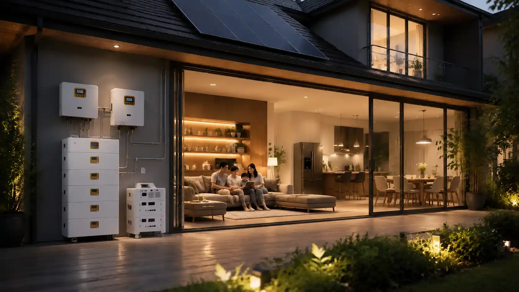 Modern home solar and battery storage system powering a family with stable clean energy.