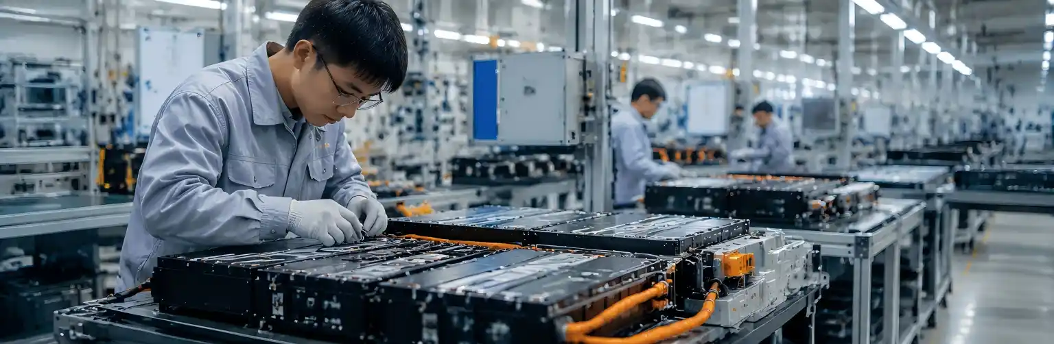 Professional lithium battery manufacturer inspecting LiFePO4 battery modules, BMS systems and energy storage pack assembly in a clean factory environment