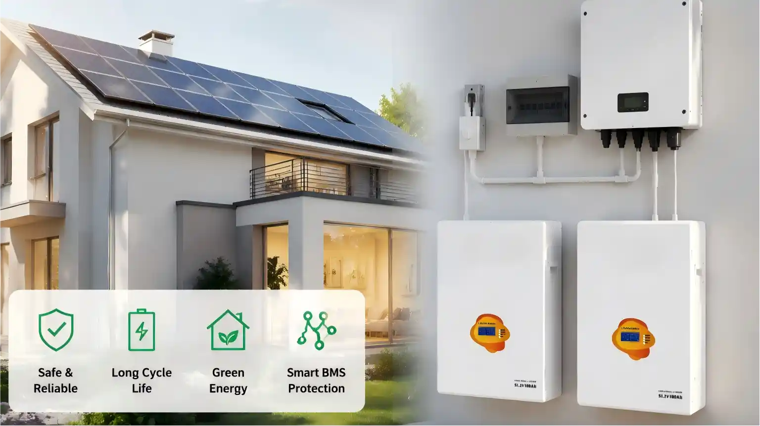Residential solar energy storage system with wall mounted lithium battery installed outside a modern home with rooftop solar panels