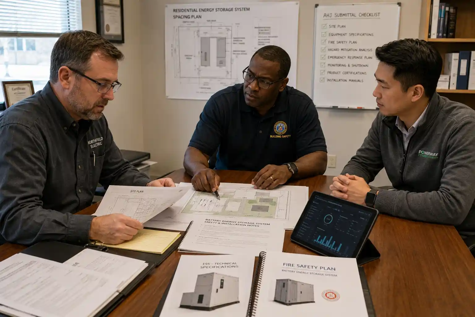Authority reviewer checking ESS documents with installer and supplier representative.