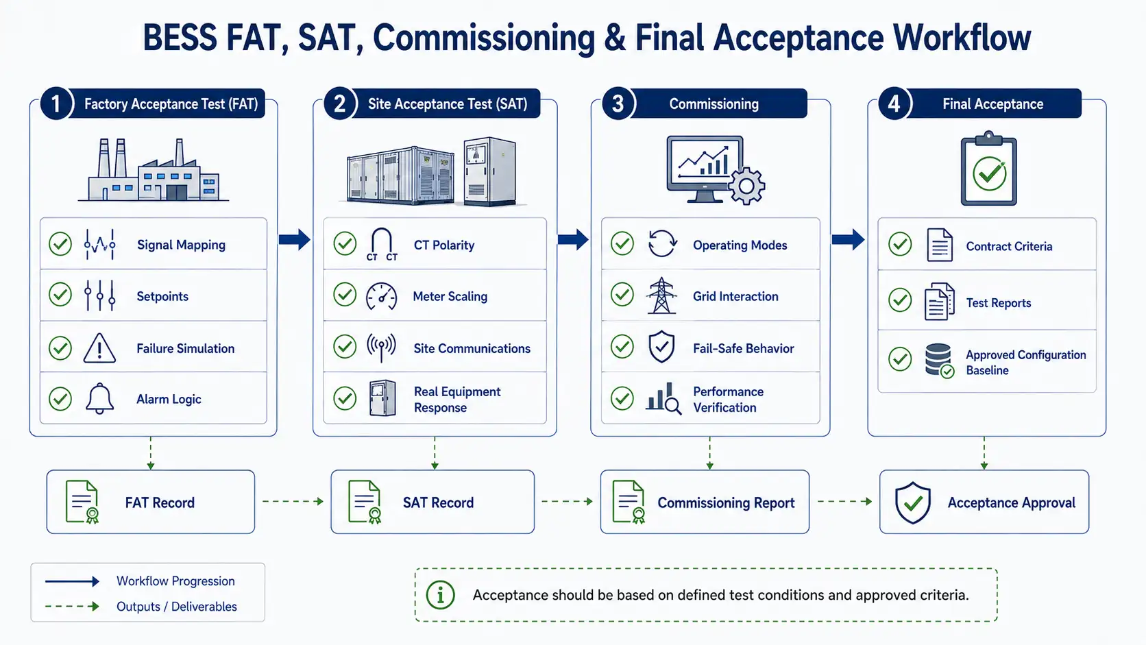 BESS FAT, SAT, commissioning and final acceptance testing workflow