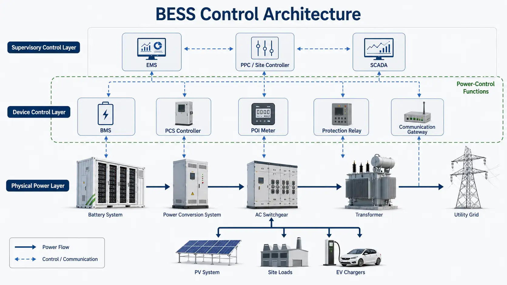 BESS control architecture connecting battery, BMS, PCS, EMS, PPC, SCADA, metering and the grid