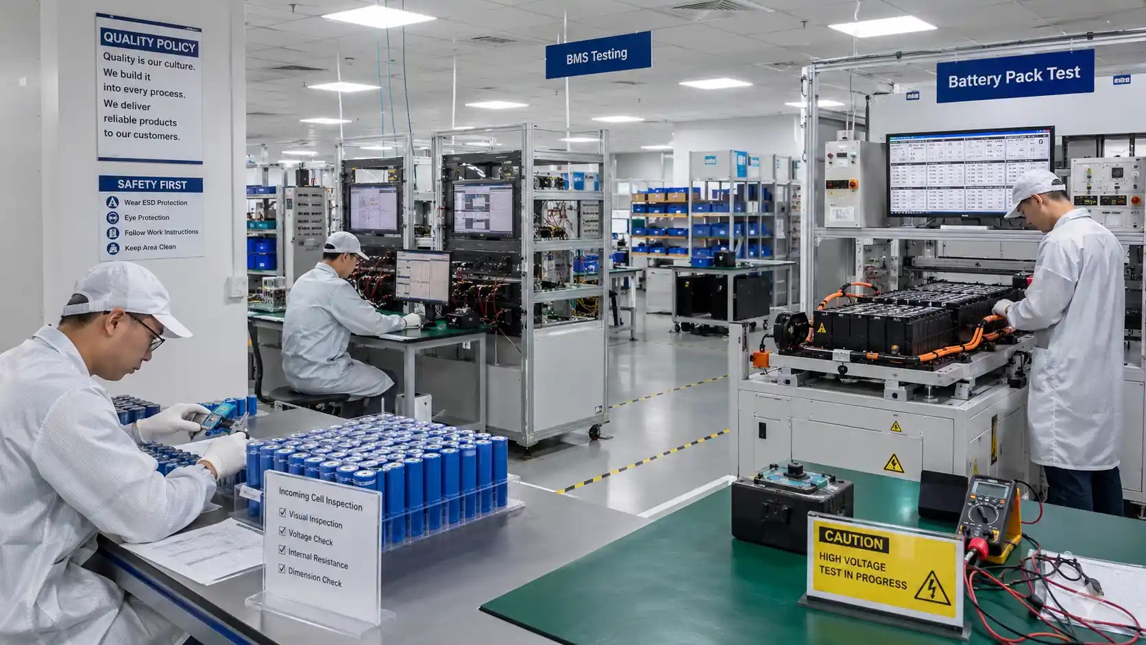 Battery energy storage factory testing line with incoming cell inspection and final pack testing.