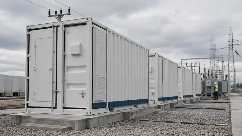Commercial battery energy storage system containers deployed at an industrial site for 1MW BESS cost planning