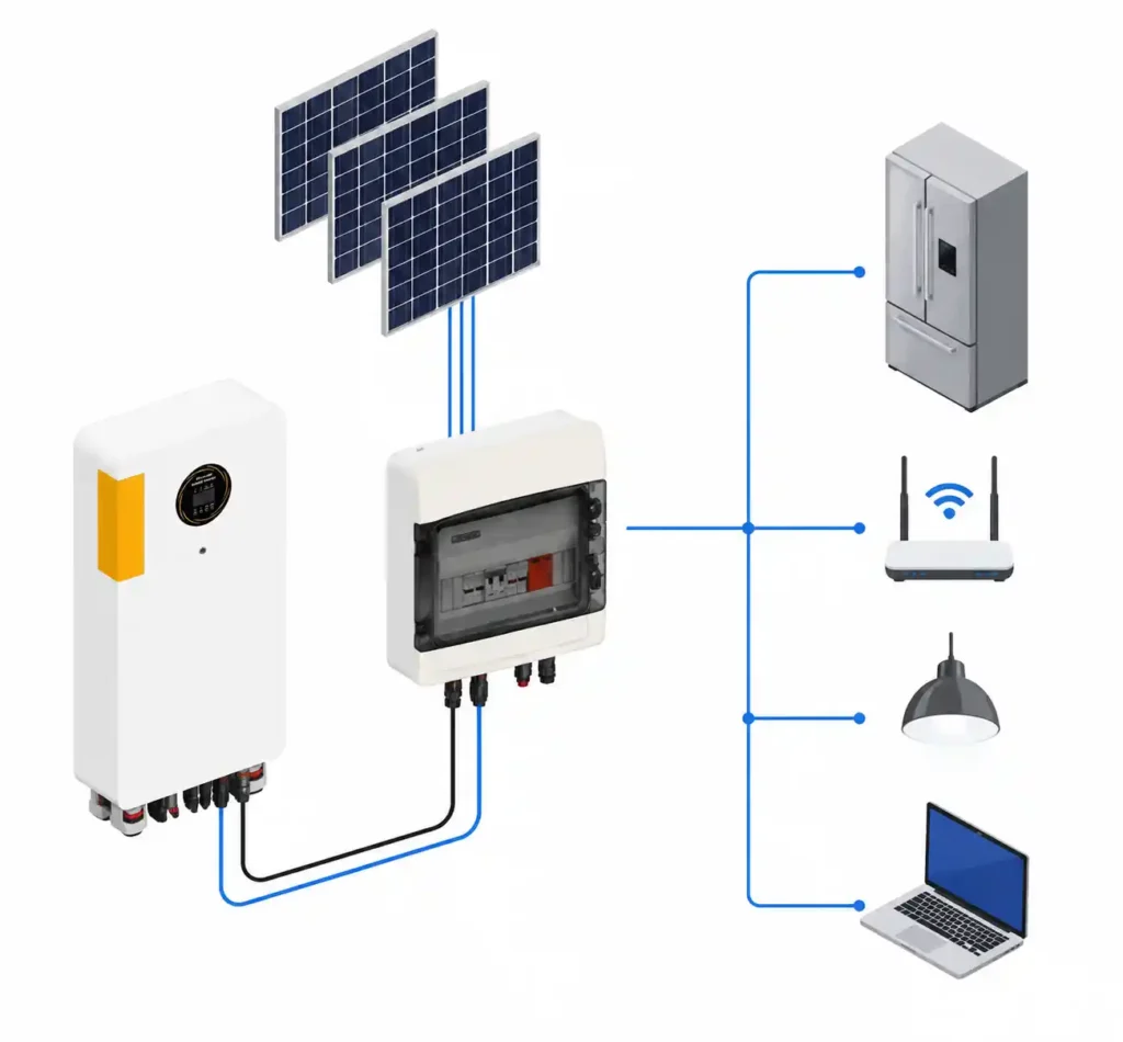 Diagram showing energy flow from battery through inverter to household appliances