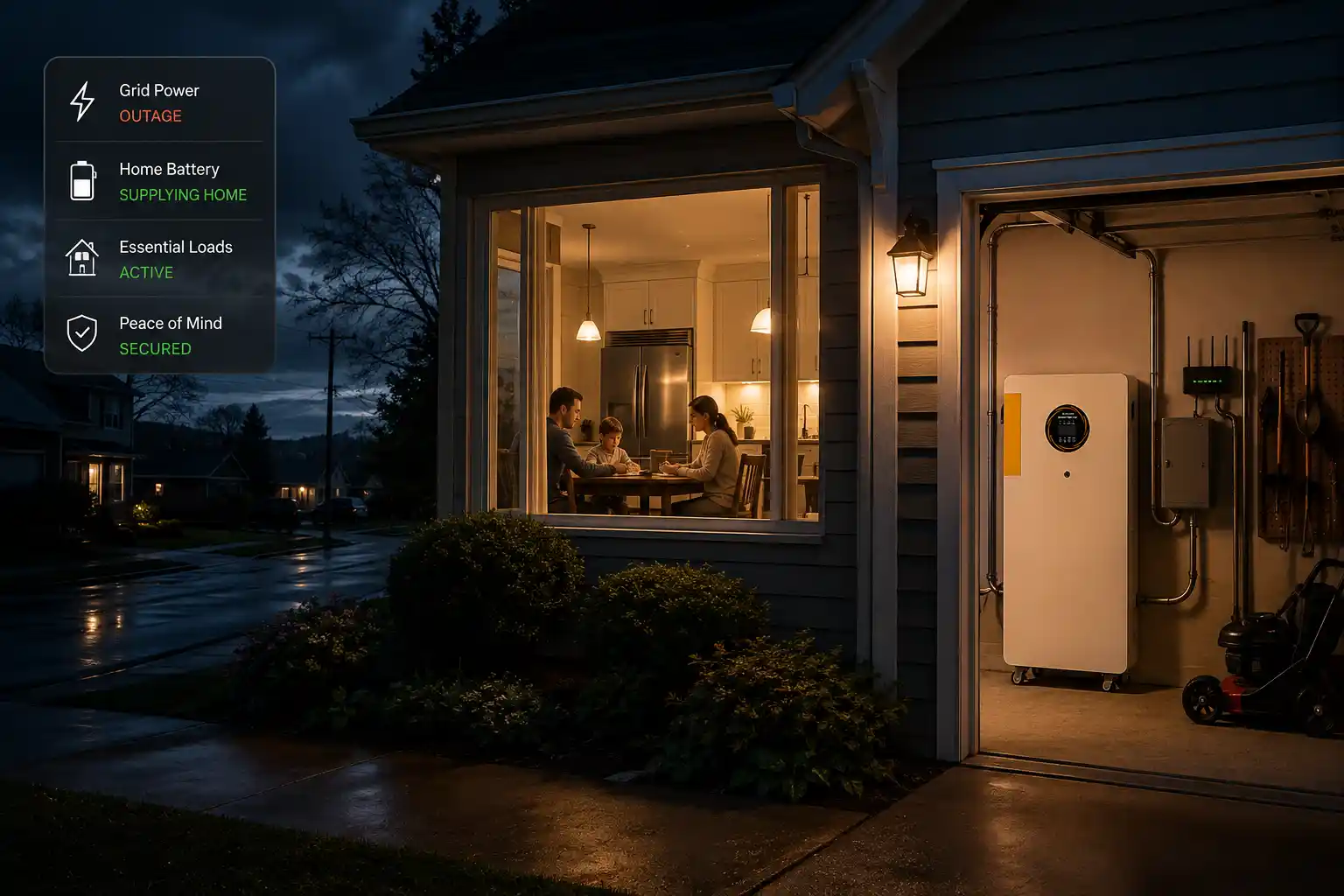 Family home running on battery backup during a power outage.