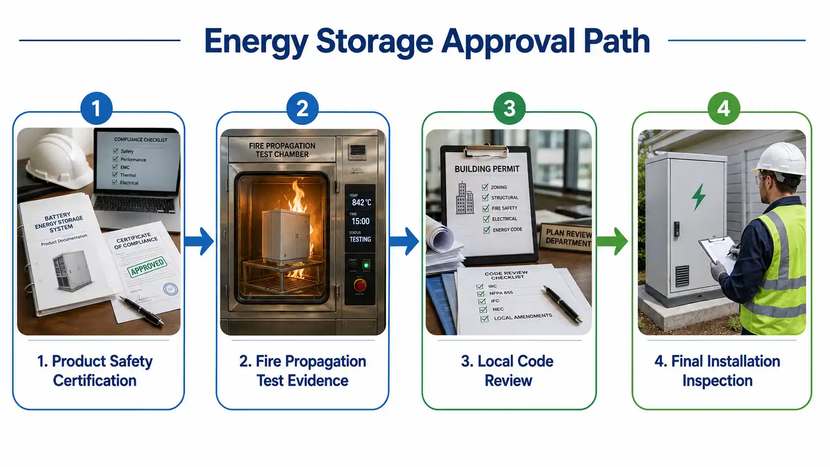 Flowchart showing product safety certification, thermal runaway testing, AHJ review, and installation approval.