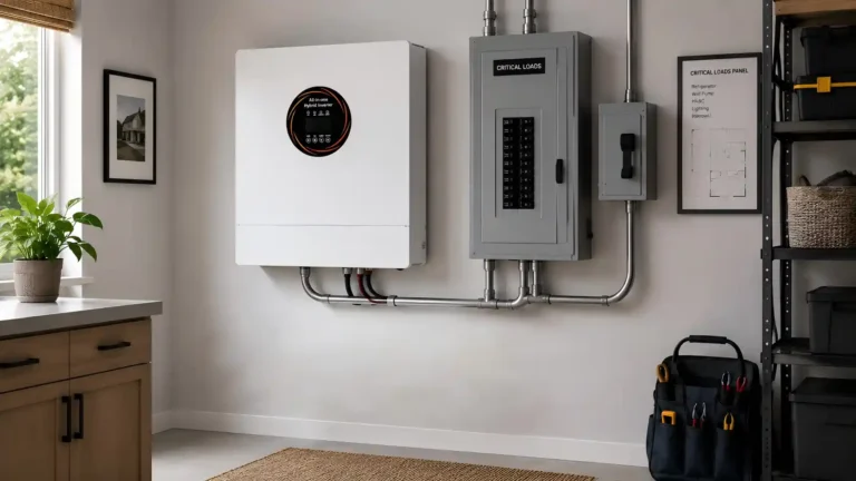 Home battery backup system next to a critical loads panel in a modern utility room.