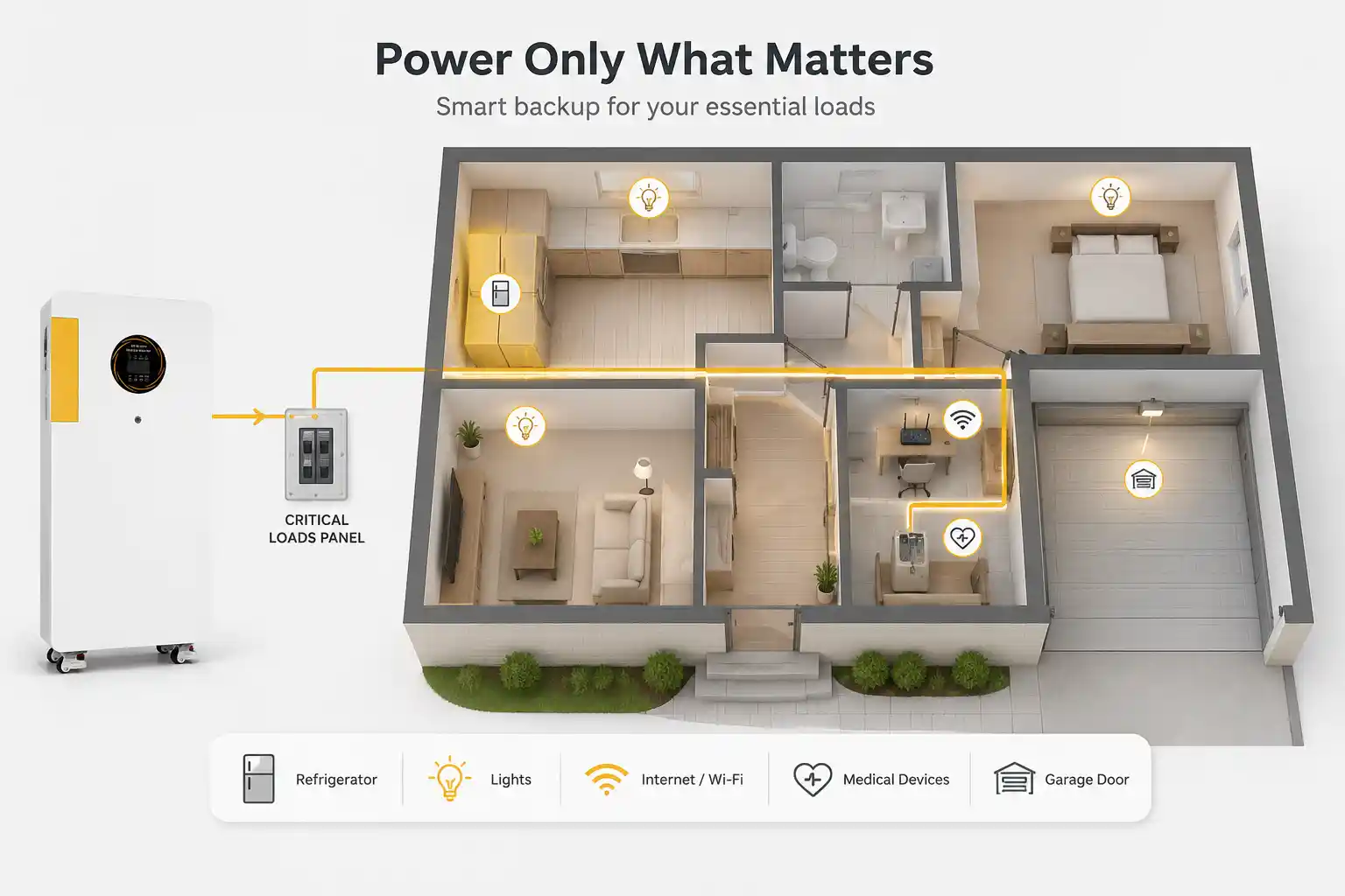 House floor plan with essential loads highlighted for battery backup.
