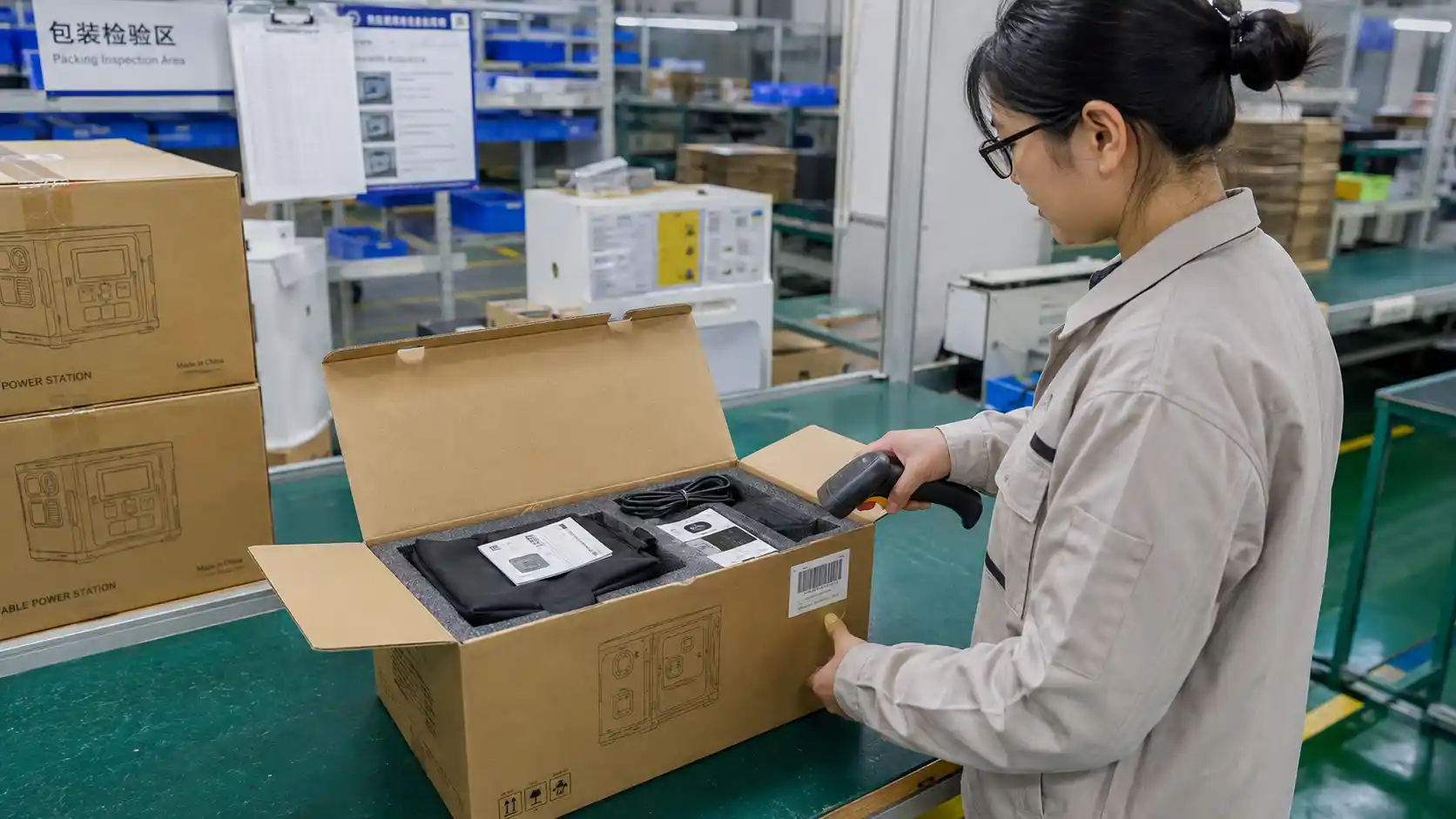 Inspector checking portable power station carton, accessories, labels, and user manual.