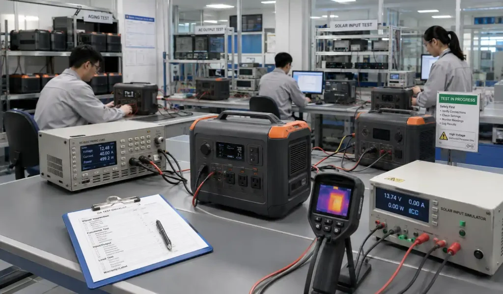 Portable power station QA lab with test equipment and inspection checklist.