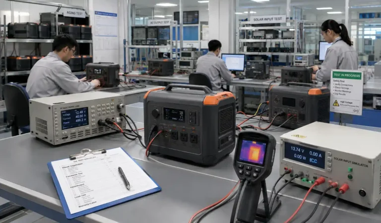Portable power station QA lab with test equipment and inspection checklist.