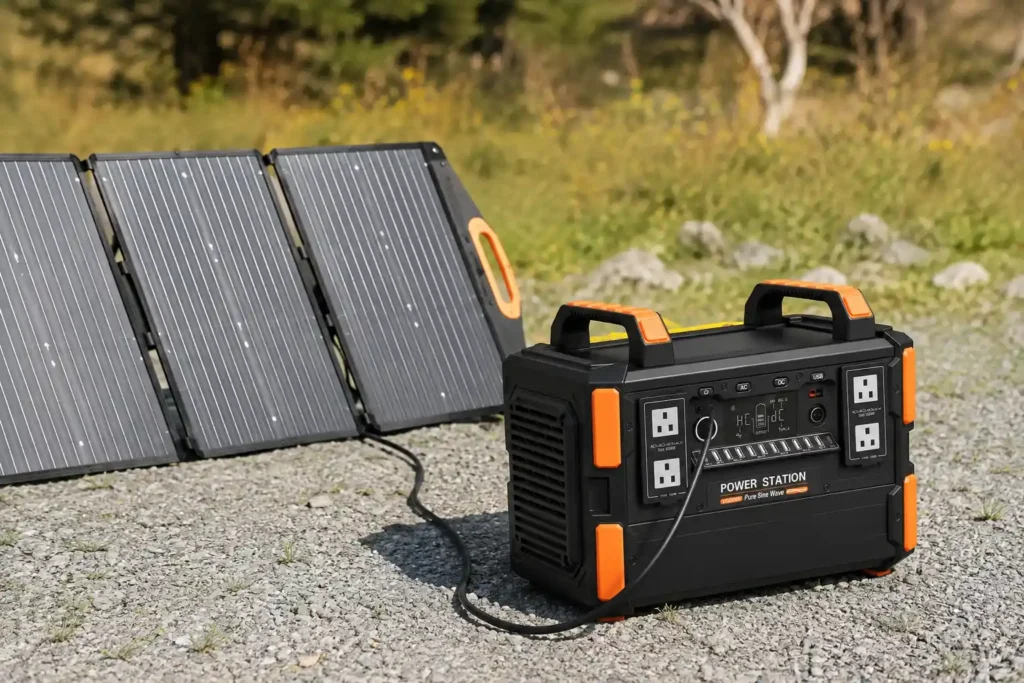 Portable power station charging safely with solar input in a ventilated outdoor setup.