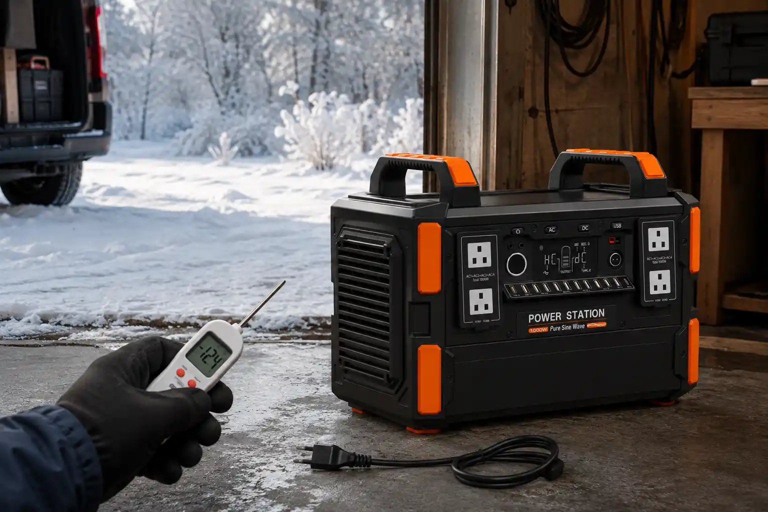 Portable power station in cold weather before charging, illustrating low-temperature charging precautions.