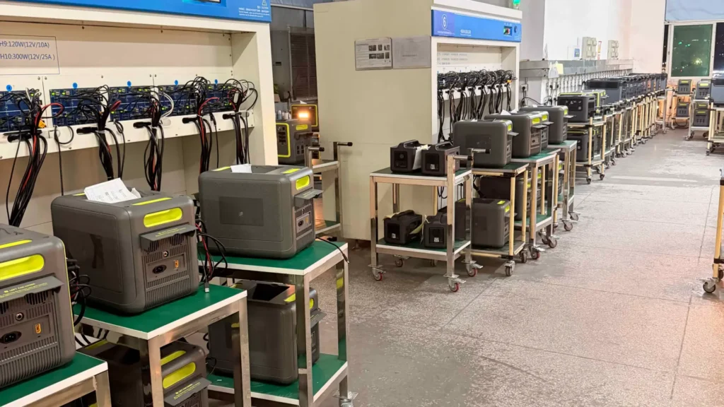 Portable power stations undergoing aging tests on a factory production line