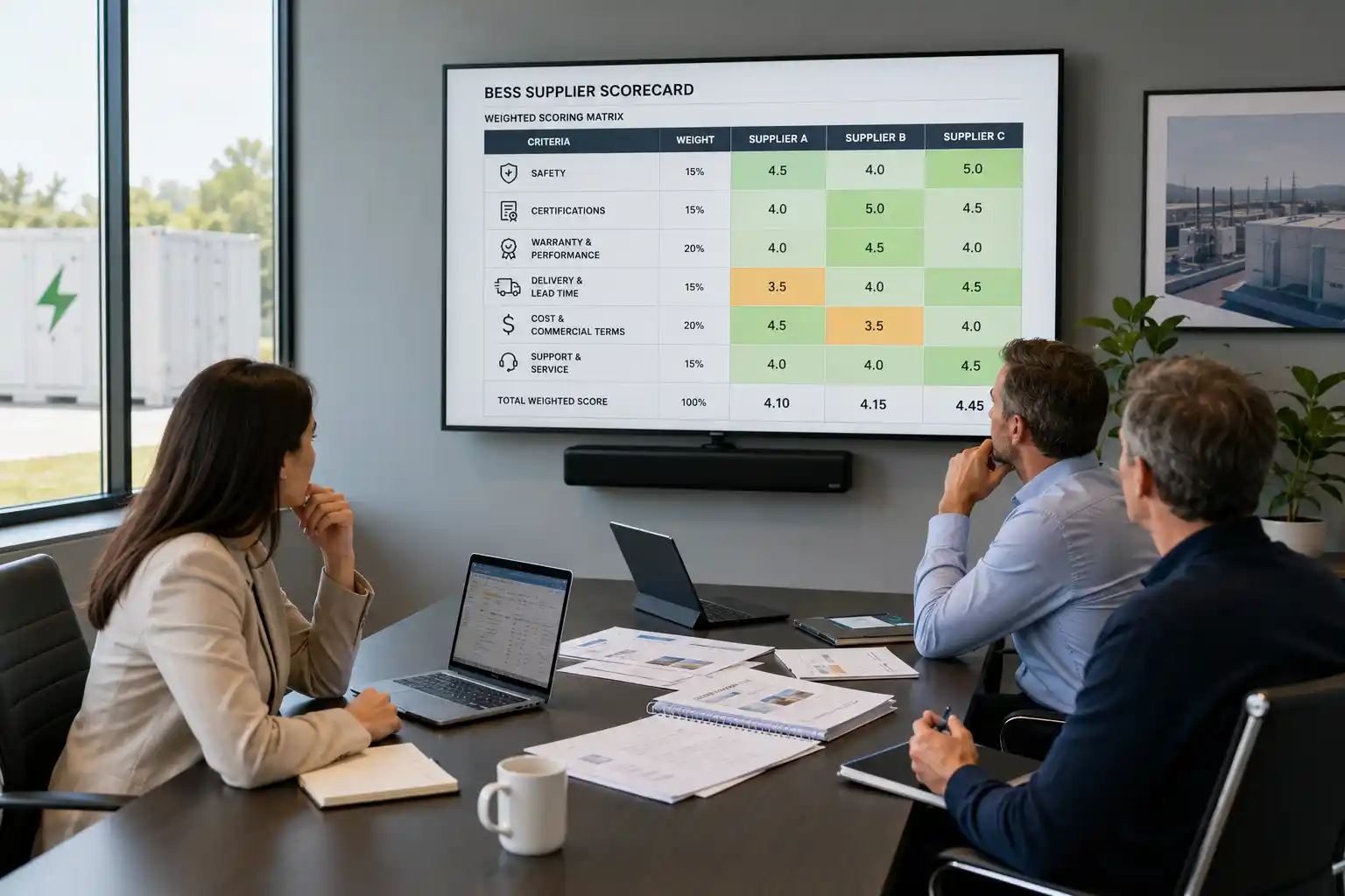 Procurement team comparing BESS suppliers with a weighted scoring matrix.
