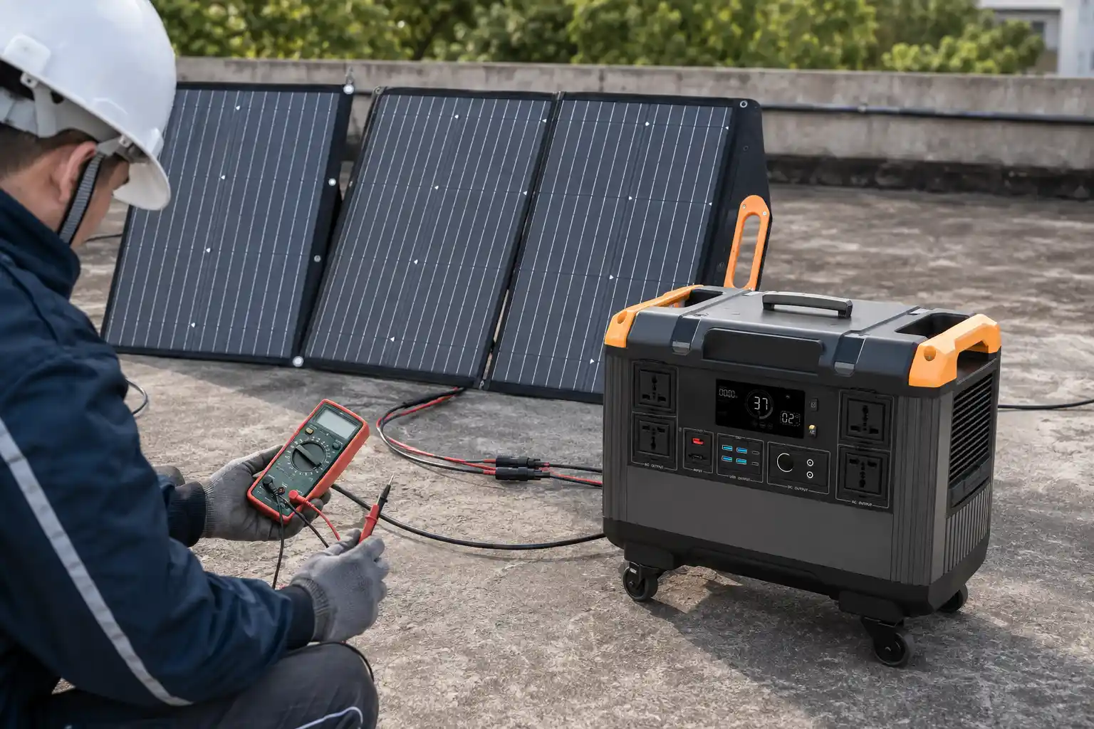 Technician checking solar array voltage before charging a portable power station.
