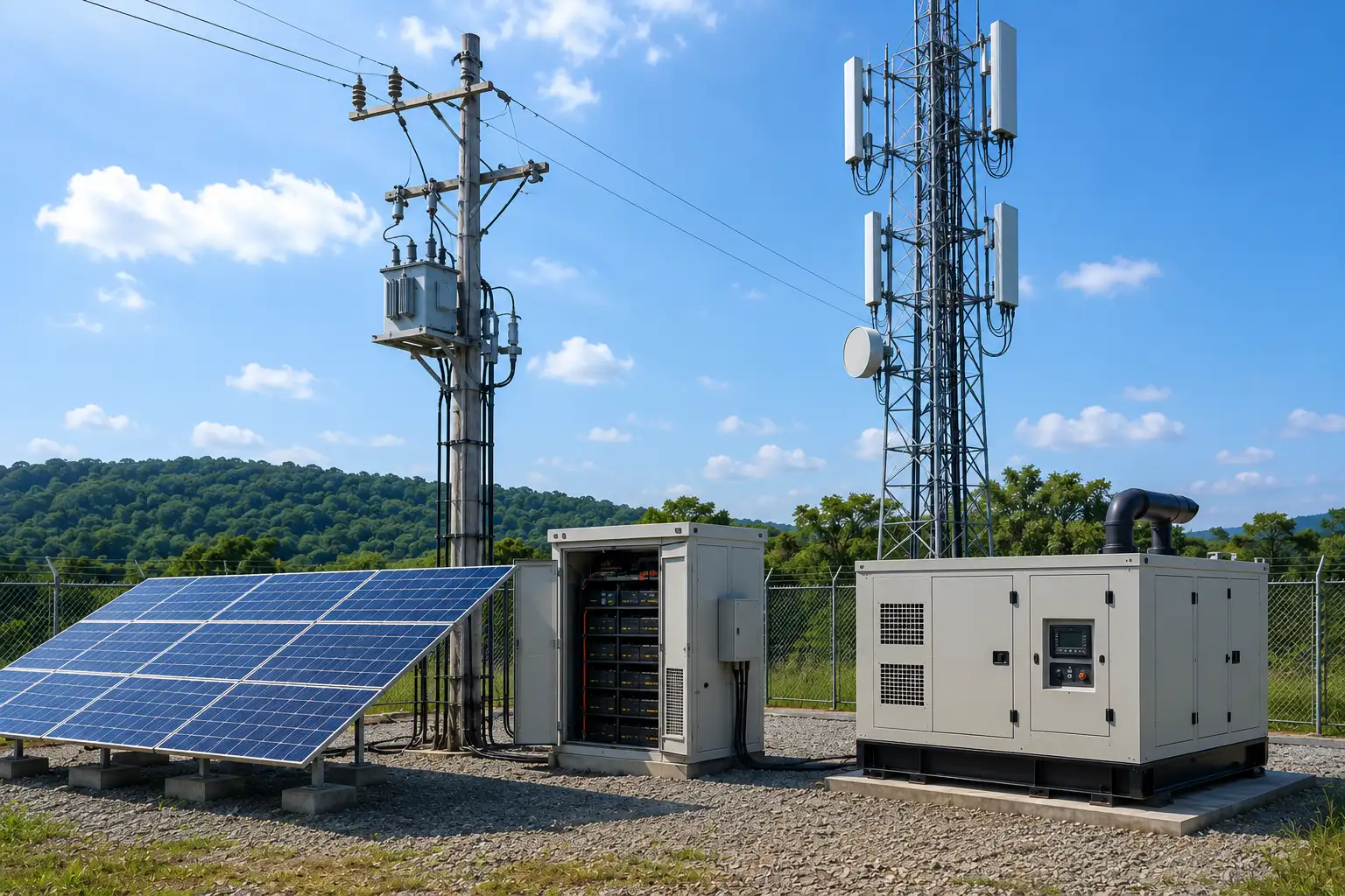 Telecom site power input from grid, solar, and backup generator sources