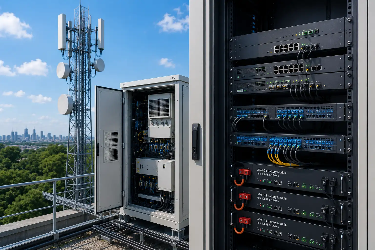 Telecom tower and network equipment supported by backup battery power
