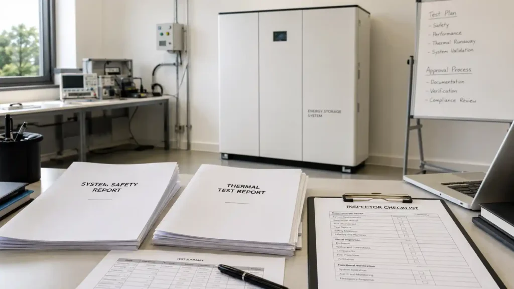 UL 9540 and UL 9540A approval documents beside a residential energy storage cabinet.