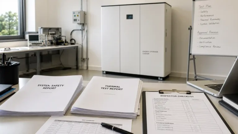 UL 9540 and UL 9540A approval documents beside a residential energy storage cabinet.