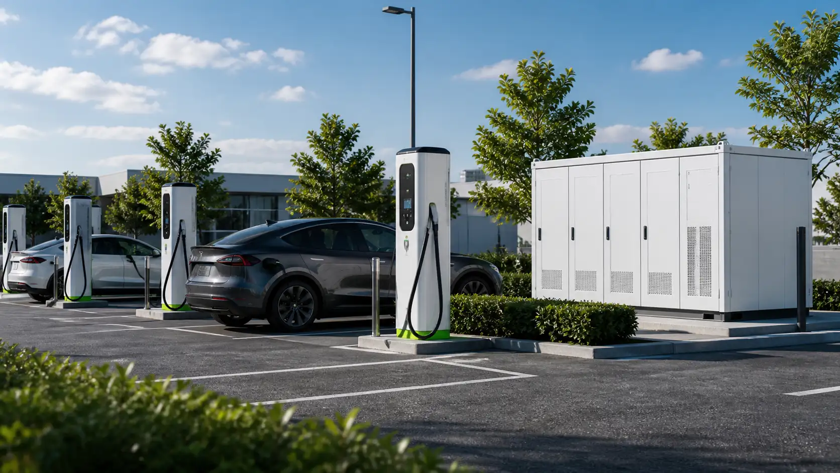 Battery energy storage system buffering high power EV charging station loads