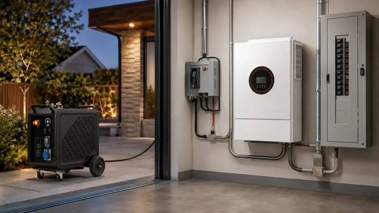Battery-generator hybrid backup system with a battery cabinet, standby generator, inverter, and automatic transfer switch.
