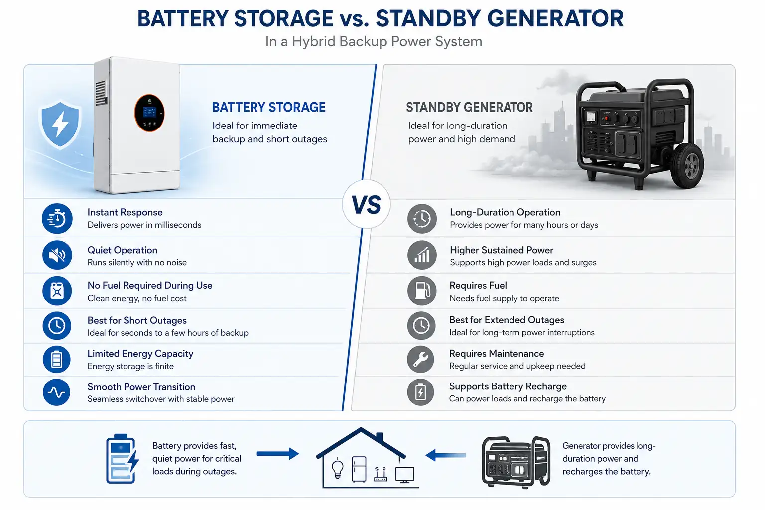 Comparison of battery storage and generators in a hybrid backup power system.
