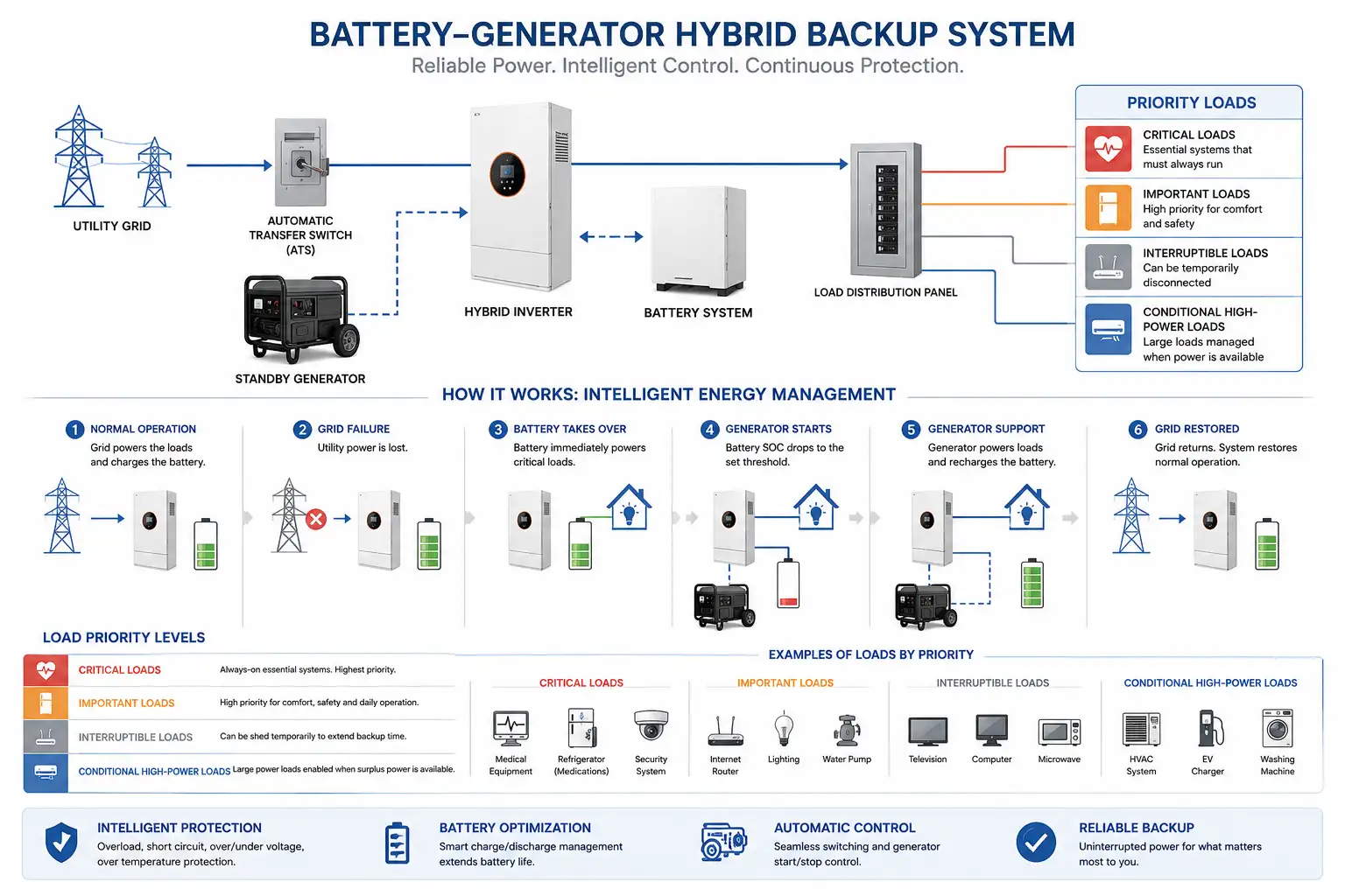 Critical load priority diagram for a battery-generator hybrid backup system.