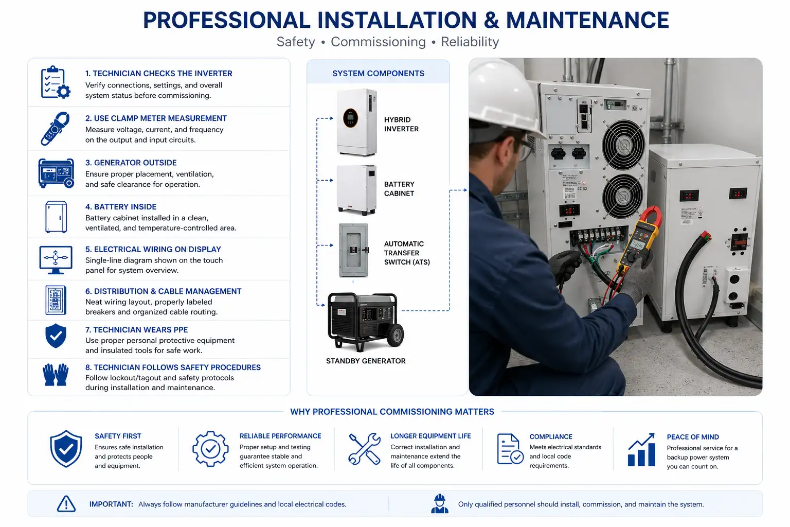 Technician commissioning a battery-generator hybrid backup system with a battery cabinet, inverter, and standby generator.