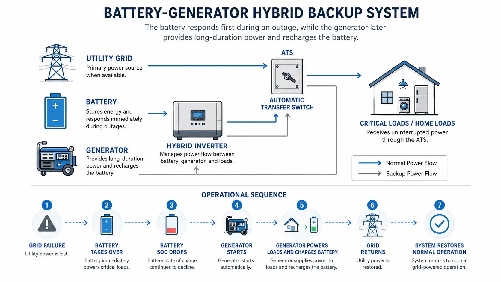 Diagram showing how a battery-generator hybrid backup system operates during a power outage.