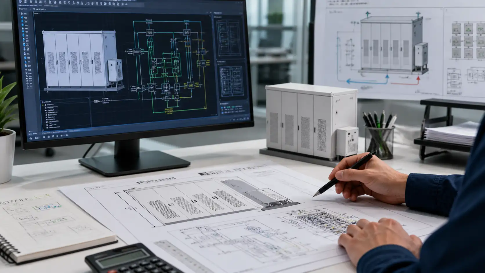 Engineering design for commercial battery storage layout protection communication and cooling