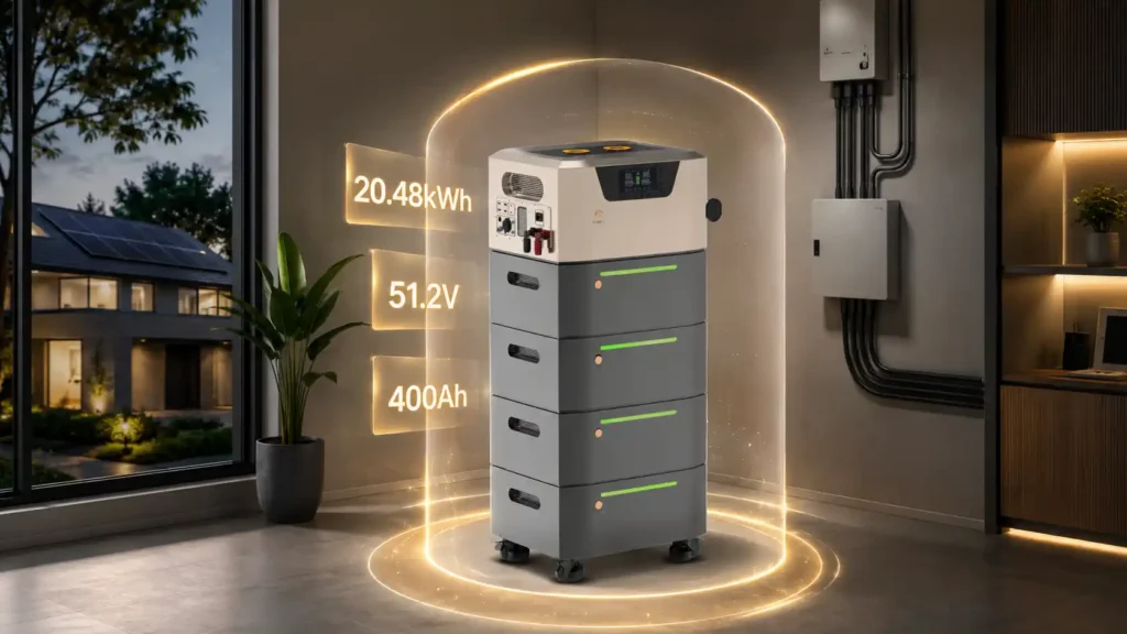 20kWh Stacked LiFePO4 Energy Storage System 51.2V 400Ah 5.5kW Hybrid Inverter (2)