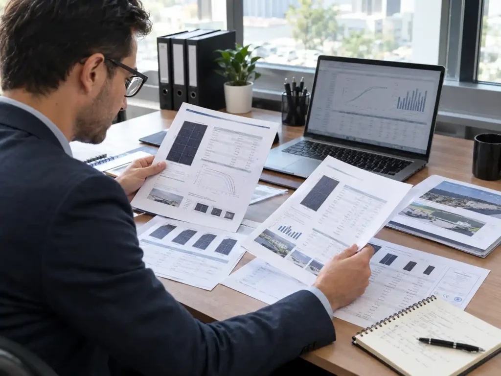 B2B buyer comparing solar panel manufacturer data and supplier criteria
