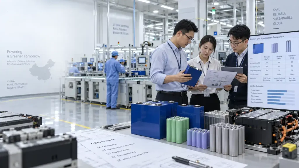 Chinese custom battery manufacturing facility with engineers reviewing lithium battery cells and OEM sourcing specifications