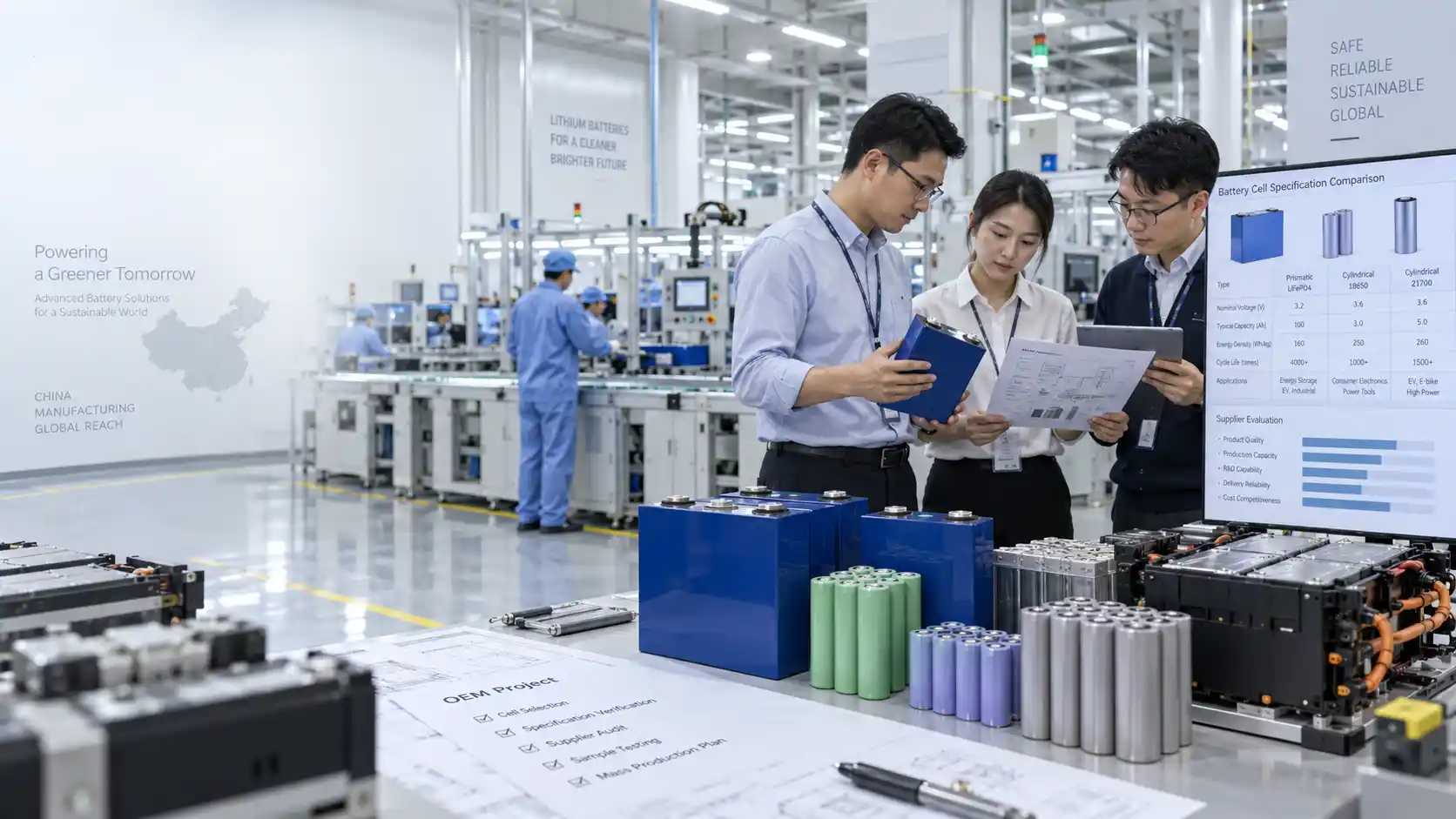Chinese custom battery manufacturing facility with engineers reviewing lithium battery cells and OEM sourcing specifications