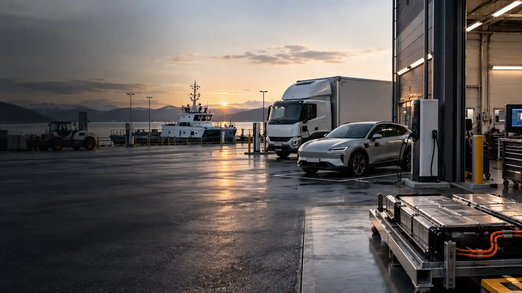 Electric crossover and commercial truck at a charging bay with lithium battery packs in the foreground