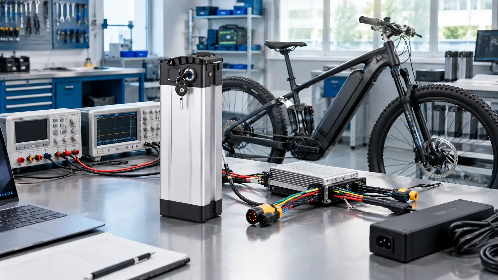 Compact two-wheeler battery pack connected to a controller and test equipment during OEM specification testing