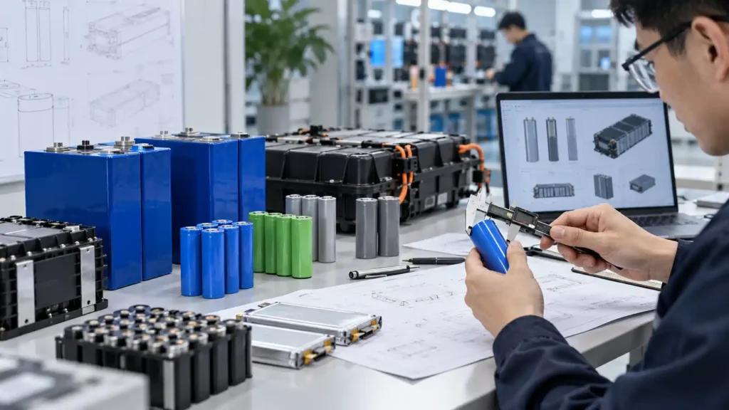 Engineer comparing LiFePO4, 18650, 21700, and NMC battery cells for custom OEM battery pack development