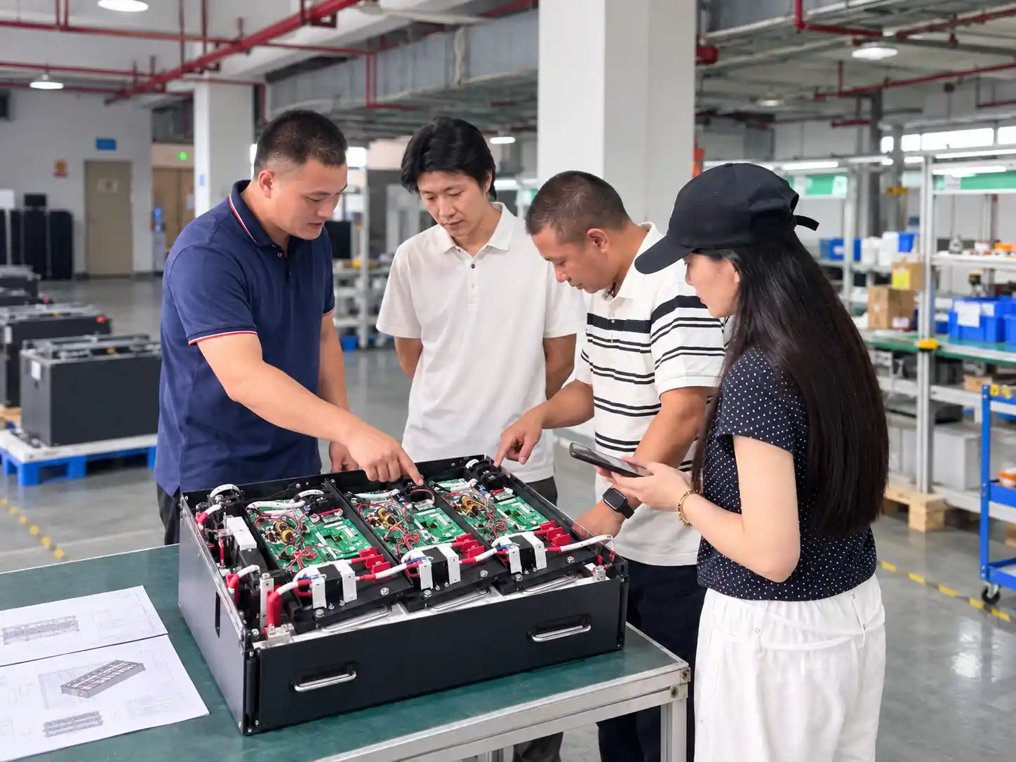 Engineering team confirming battery sample configuration before evaluation