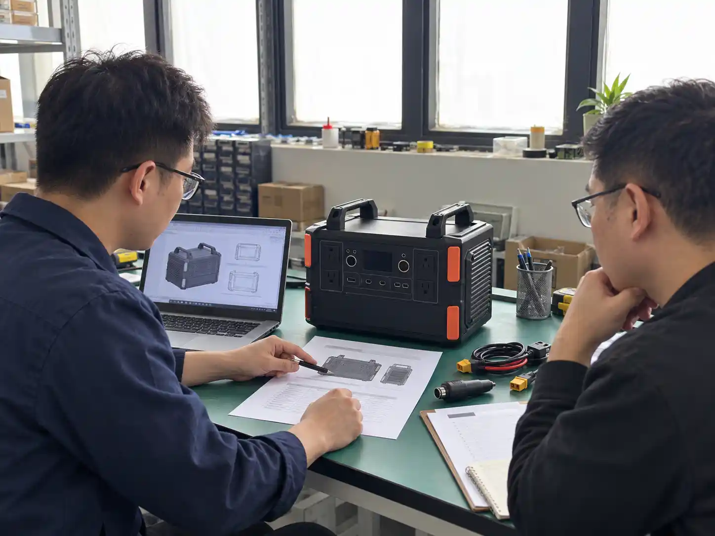 Engineers reviewing portable power station sample requirements before configuration confirmation